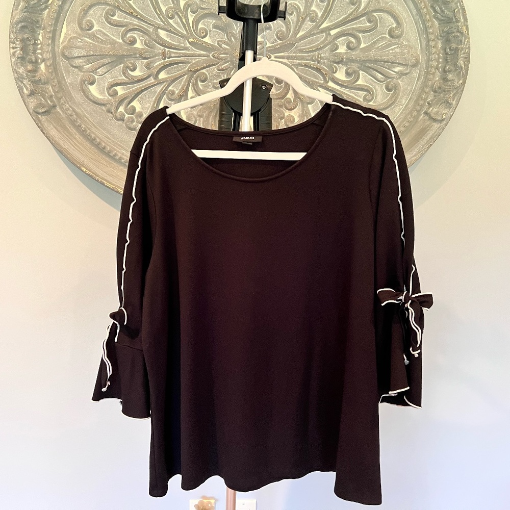 Alfani Black Blouse with White Detail, 3/4 Bell Sleeve 2X